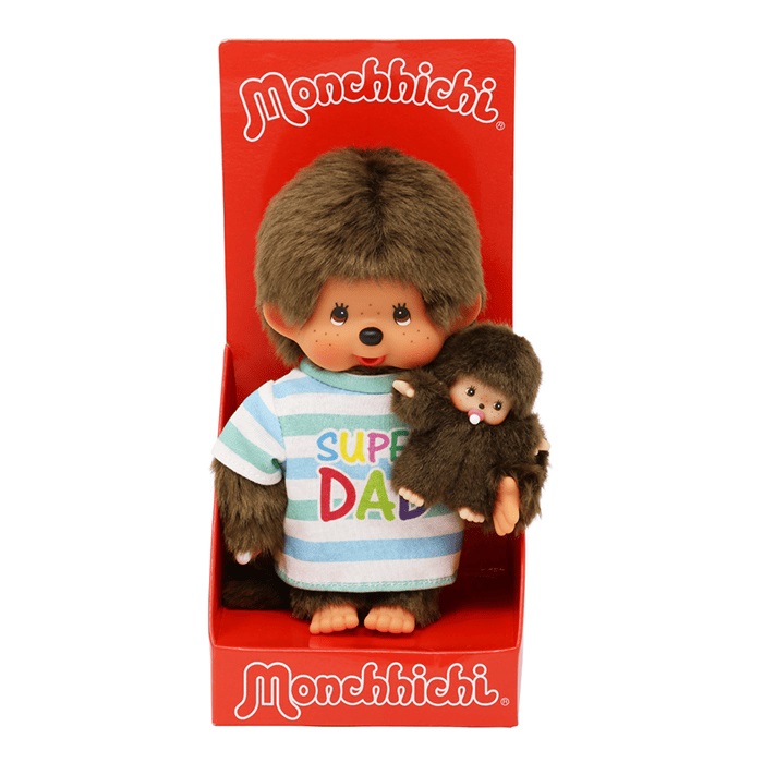 Sekiguchi Monchhichi 20cm - Peluche Papà con Bambino, Super Papà in Morbido Peluche