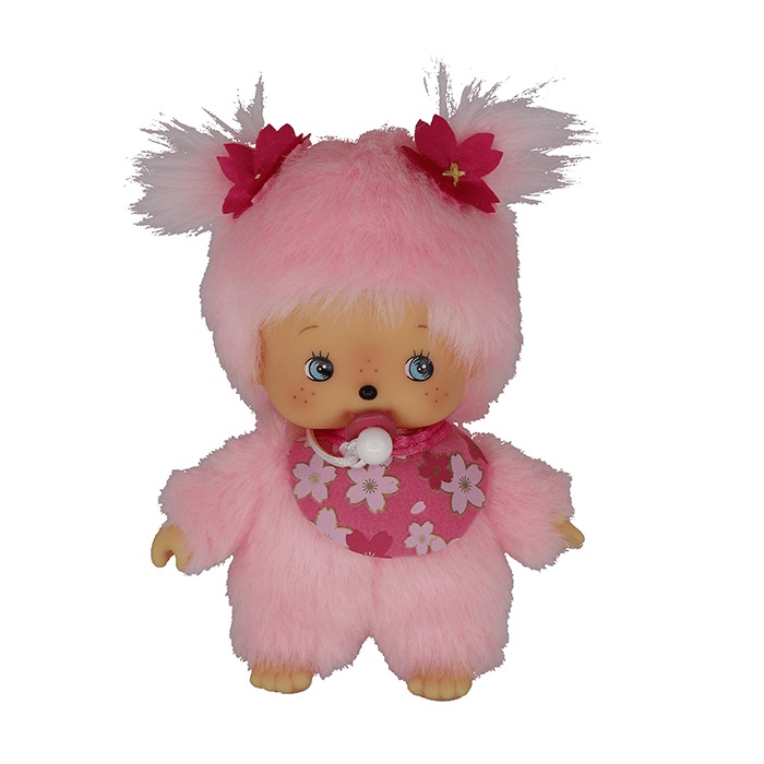 Sekiguchi Bebichhichi Ragazza Fiore di Ciliegio - Bambola in Peluche Rosa con Bavaglino e Codini, 15-16 cm