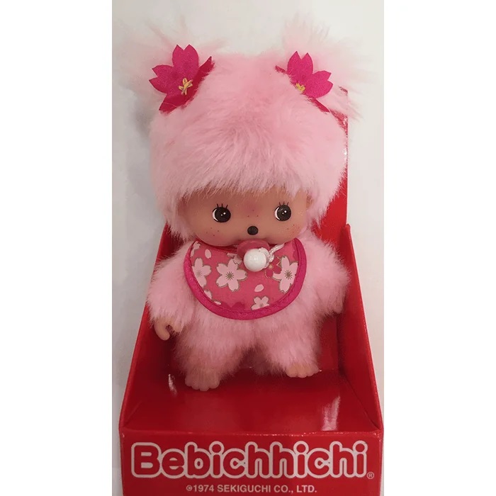 Sekiguchi Bebichhichi Ragazza Fiore di Ciliegio - Bambola in Peluche Rosa con Bavaglino e Codini, 15-16 cm
