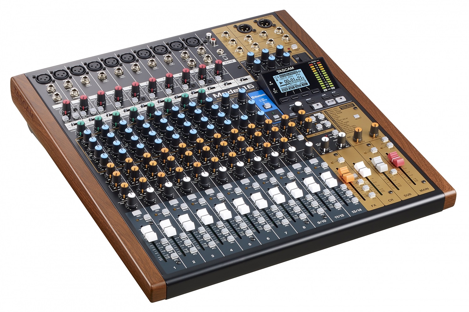 Tascam MODEL 16 Mixer Audio 16 Canali, Frequenza 20 - 30000 Hz, Nero, Oro, Legno - Registratore Multitraccia
