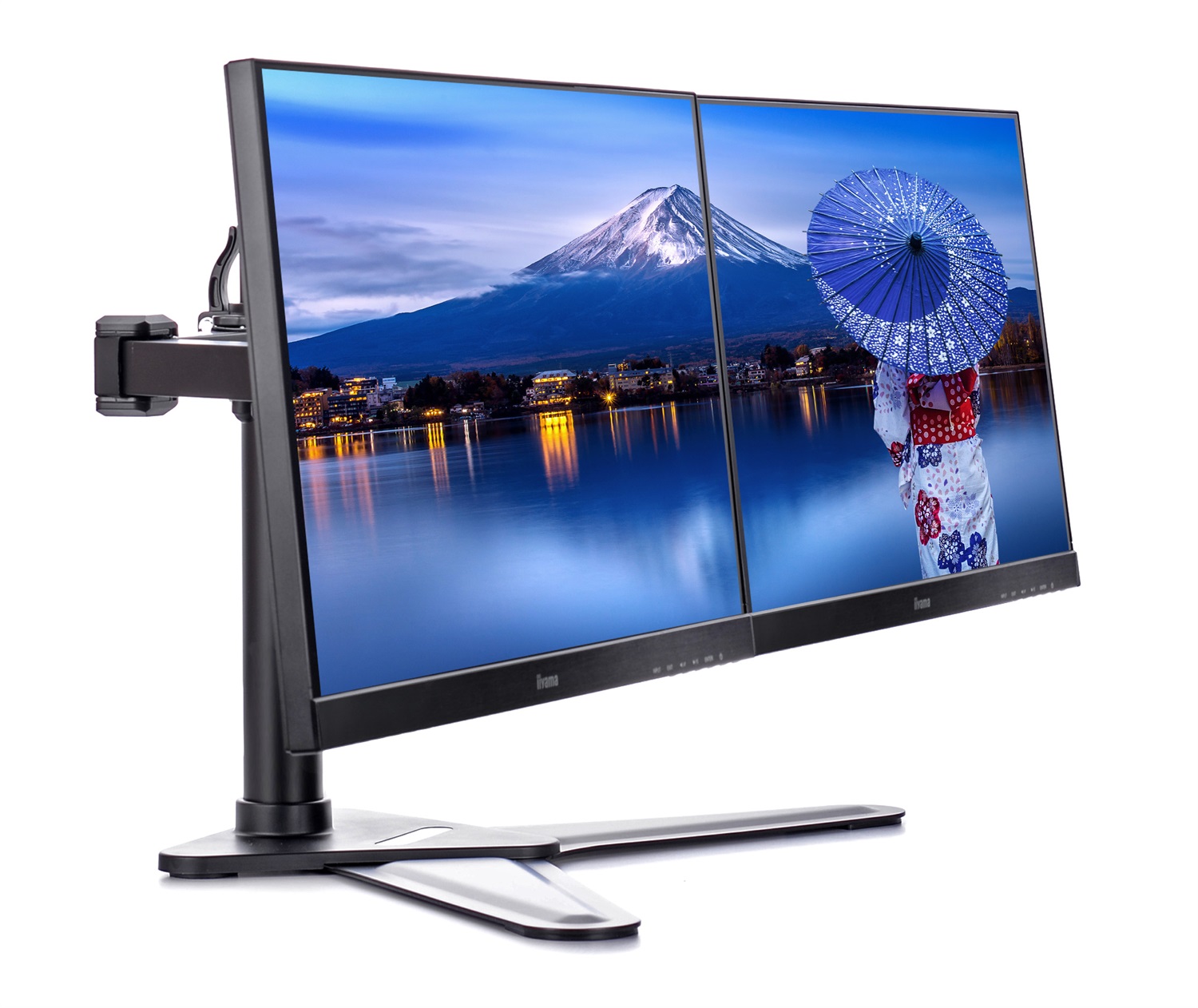 Iiyama DS1002D-B1 Supporto Doppio per Monitor da Tavolo fino a 30 Pollici (76,2 cm) - Capacità Fino a 10 kg - Regolazione Altezza e Passaggio Cavi - Nero