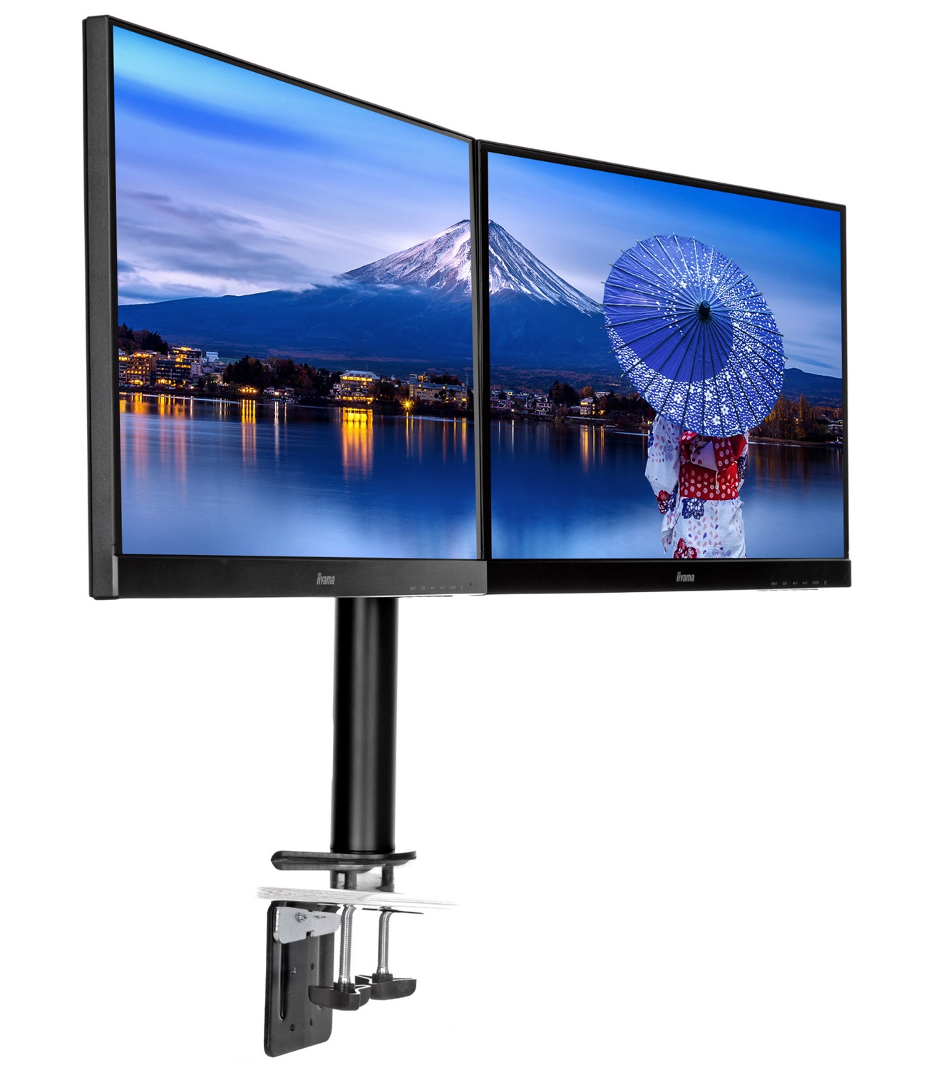 iiyama DS1002C-B1 Supporto da Tavolo per Monitor Doppio fino a 30 Pollici - Nero, Morsa, Capacità 10 kg
