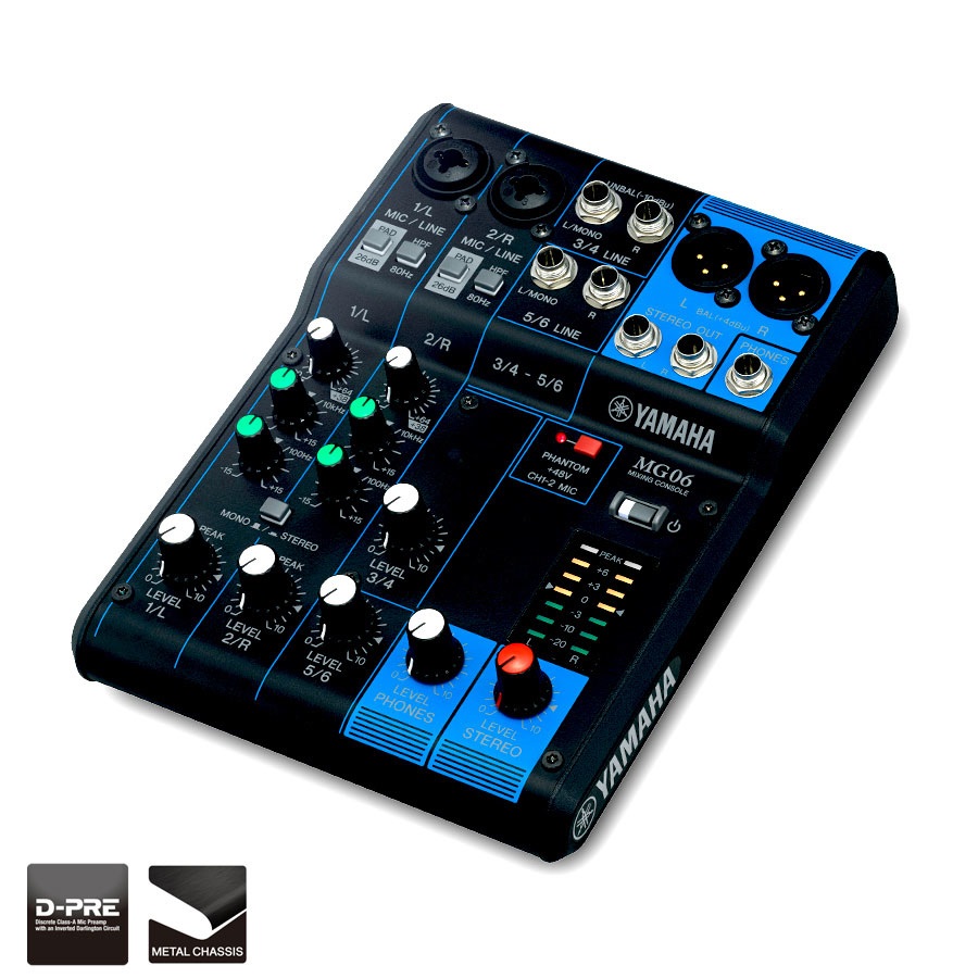 Yamaha MG06 Mixer Audio - Console di Mixaggio Compatta con 6 Canali, Preamplificatori D-PRE, Nero