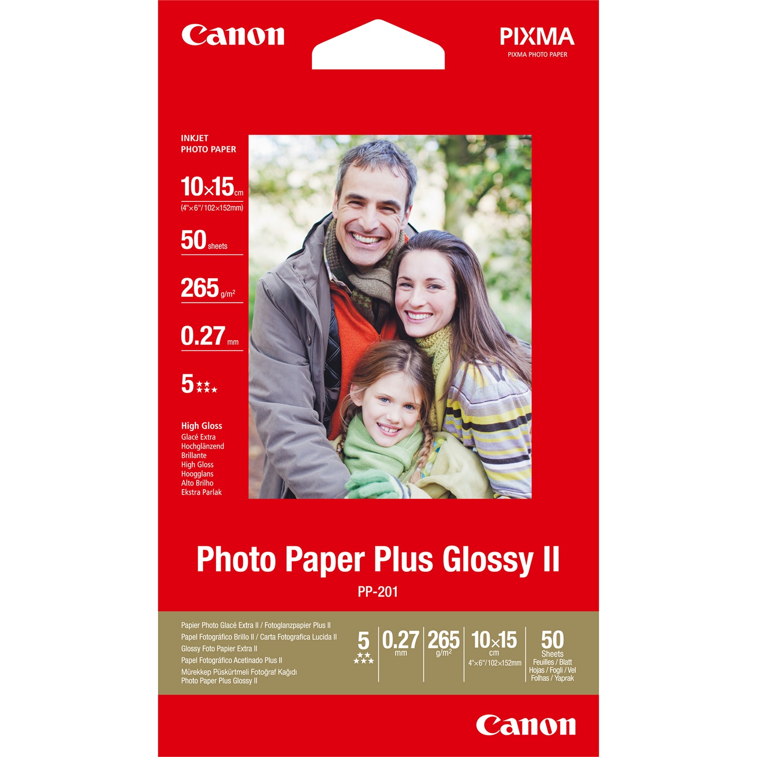 Canon Carta Fotografica Lucida PP-201 II Plus 10x15 cm (4x6) - 50 Fogli, 260 g/m², Finitura High Gloss