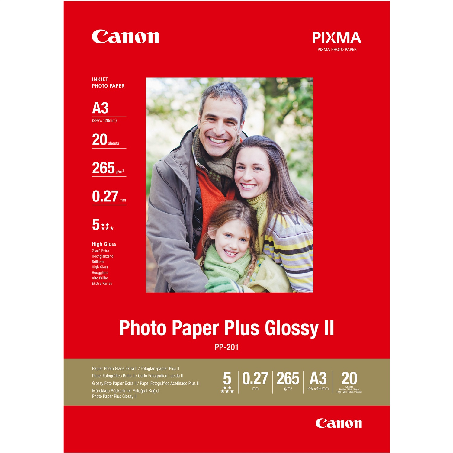 Canon Carta Fotografica Plus Glossy II PP-201 A3 - 20 Fogli - 260 g/m² - Molto Lucida