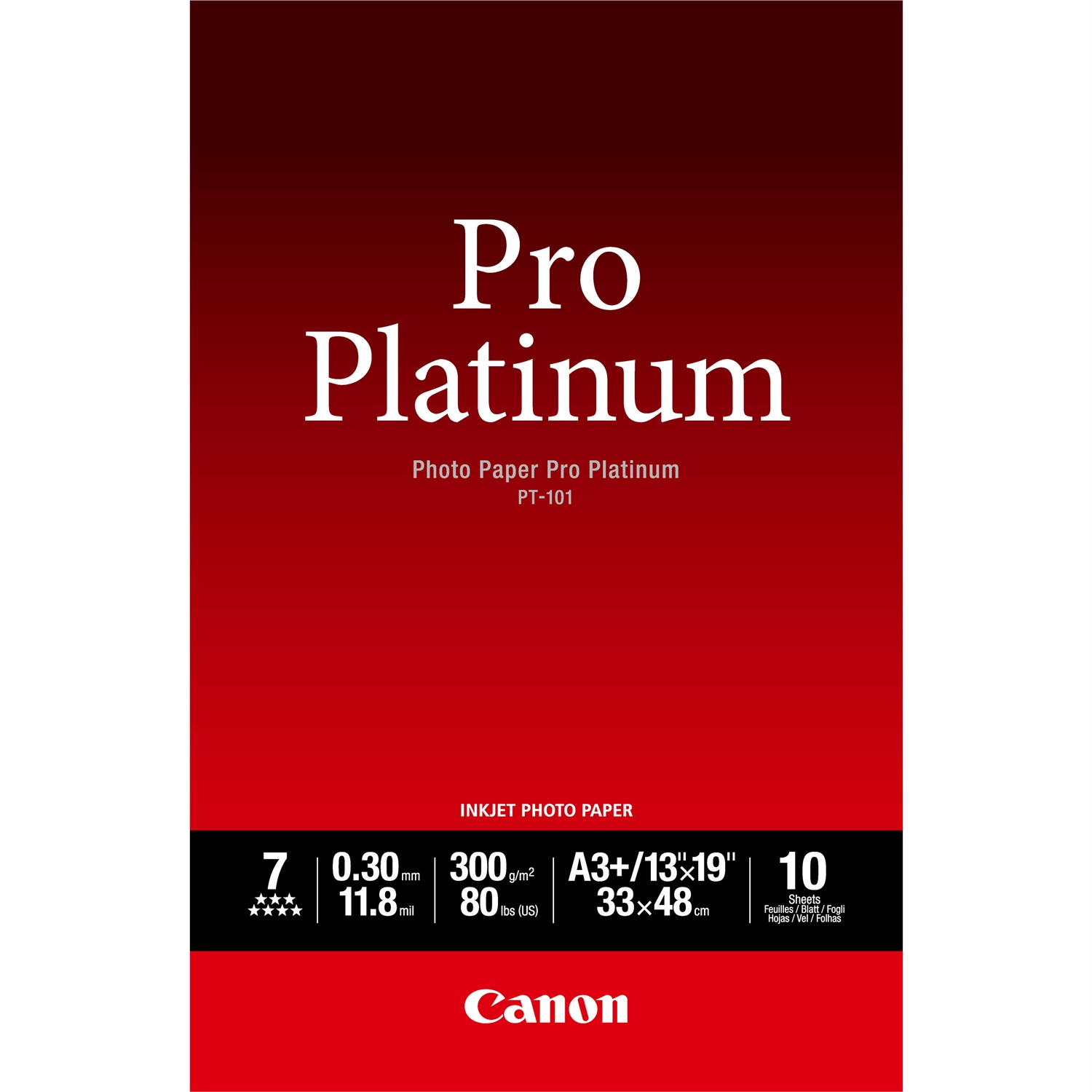 Canon Carta Fotografica PT-101 Pro Platinum A3 - 10 Fogli, 300 g, Alta Lucentezza, Formato 32,9 x 48,3 cm