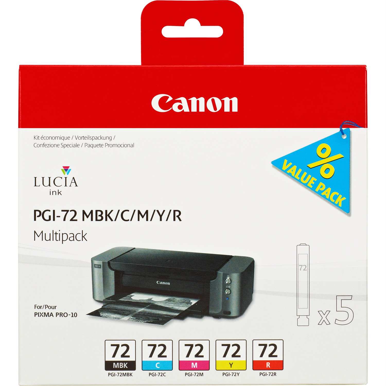 Canon PGI-72 Multipack 6402B009 - 5 Cartucce d'Inchiostro Originali MBK/C/M/Y/R per Stampanti PIXMA Pro-10/Pro-10S