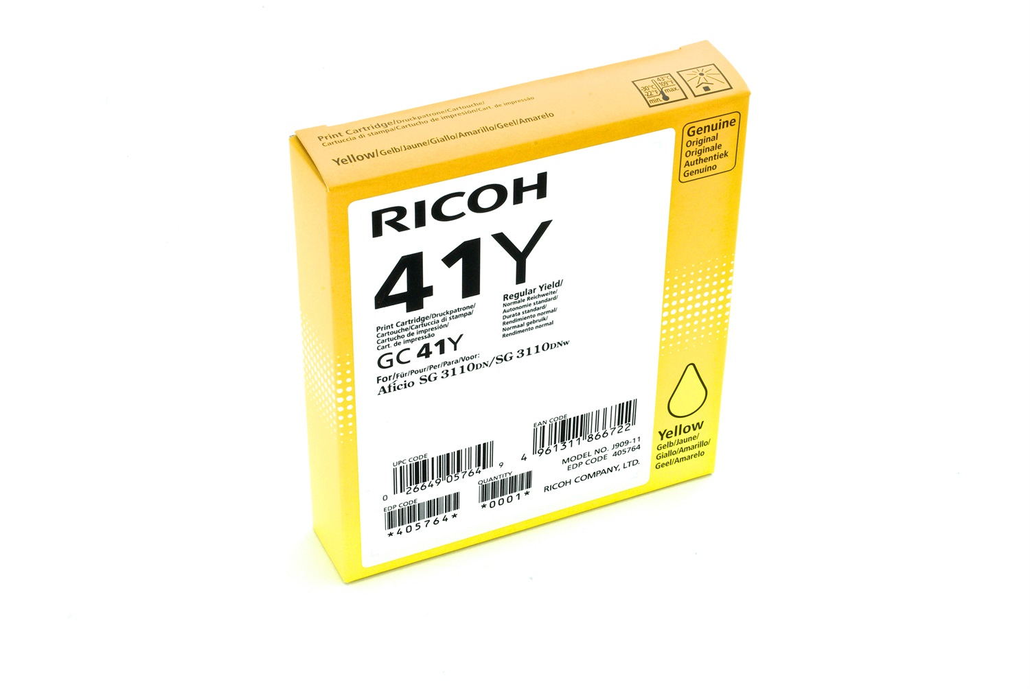 Ricoh 405764 Cartuccia d'Inchiostro Giallo Originale GC-41YHC - Resa Standard, Inchiostro a Base di Pigmento, 2200 Pagine