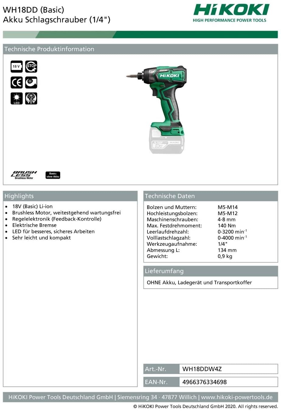 HIKOKI WH18DDW4Z - Avvitatore a percussione 18V, 140 Nm, 0-3200 rpm, senza batteria e caricatore