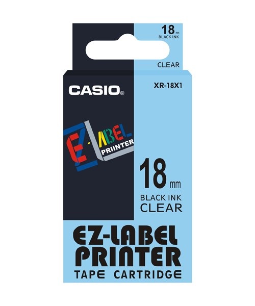 Casio XR-18X1 Nastro per Etichettatrice 18 mm x 8 mt Nero Trasparente - Compatibile con Casio Ez Label Printer