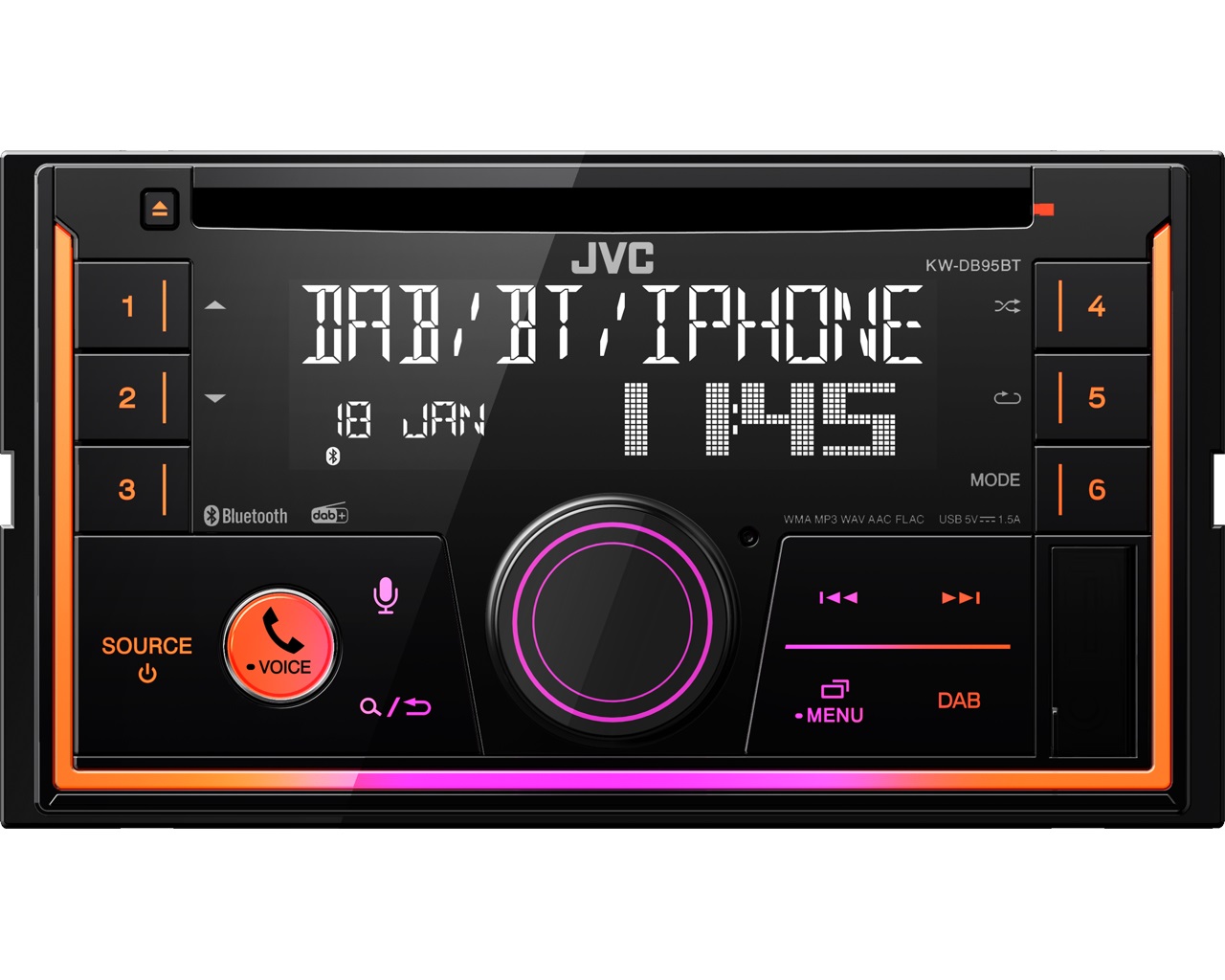 JVC KW-DB95BT Autoradio Bluetooth DAB 200 W con Lettore CD, USB/AUX, Controllo Remoto e Illuminazione Multicolore