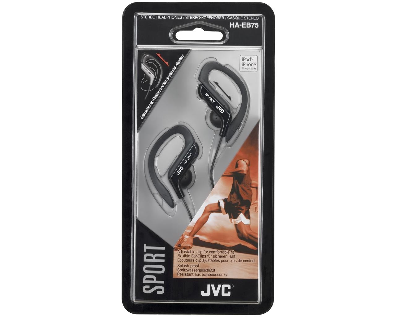 JVC HA-EB75-B Auricolari Sportivi con Clip Regolabile, A prova di Schizzi, Cavo da 1,2 m, Nero