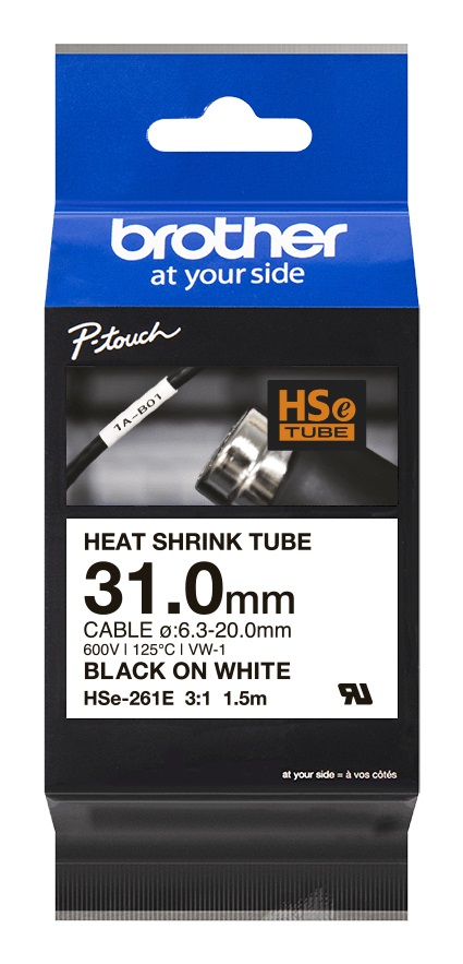 Brother HSe-261E Nastro Termorestringente Nero su Bianco 3,1 cm x 1,5 m - Compatibile con P-touch D800W, P900W, P950NW