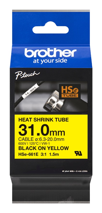 Brother HSe-661E Nastro per Etichettatrice Nero su Giallo - Compatibile con PT-D800W, PT-P900W, PT-P950NW, 3,1 cm x 1,5 m
