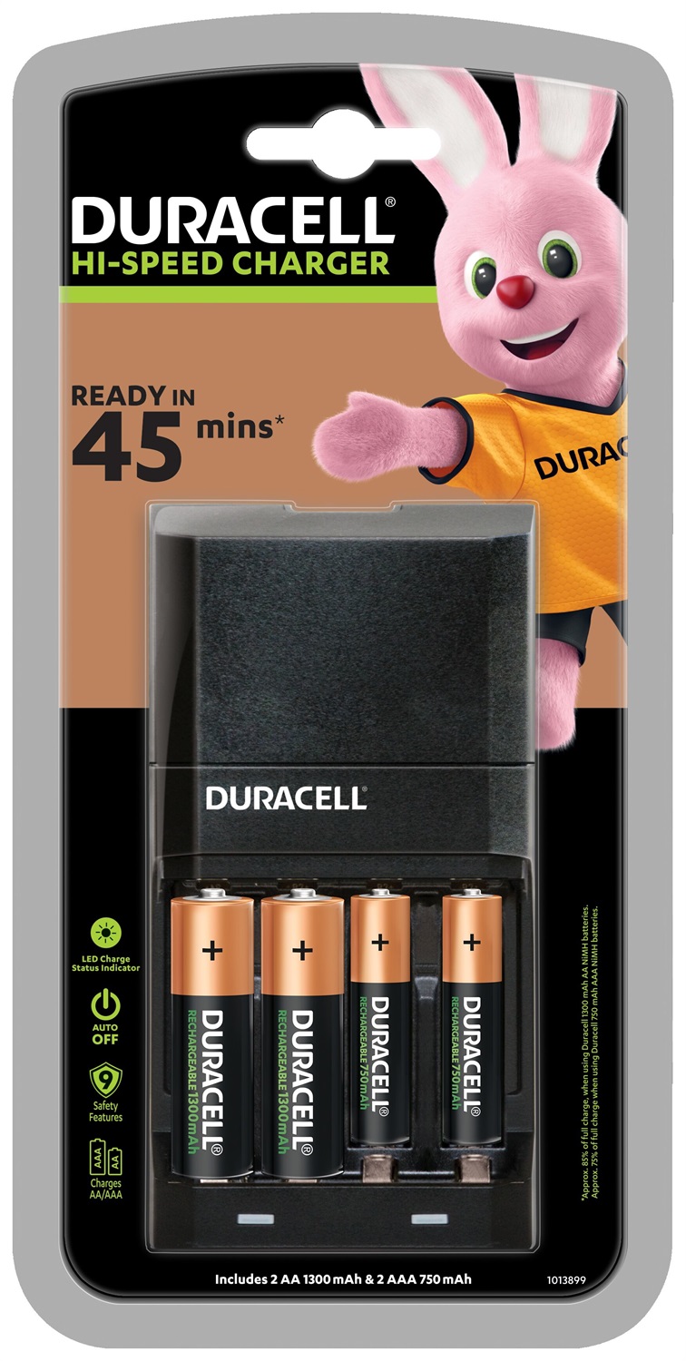 Duracell Caricabatterie Rapido 45 Minuti con 2 Batterie AA 1300mAh e 2 AAA 750mAh - Caricatore Universale per Pile NiMH