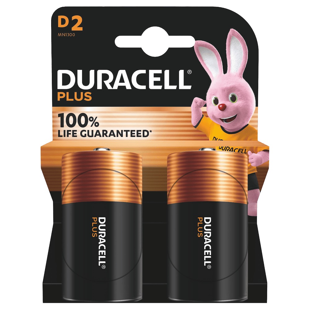 Duracell Plus 100 D - Batteria Alcalina D (LR20/MN1300) 1,5 V, Confezione da 2 Pezzi, 100% Extra Durata