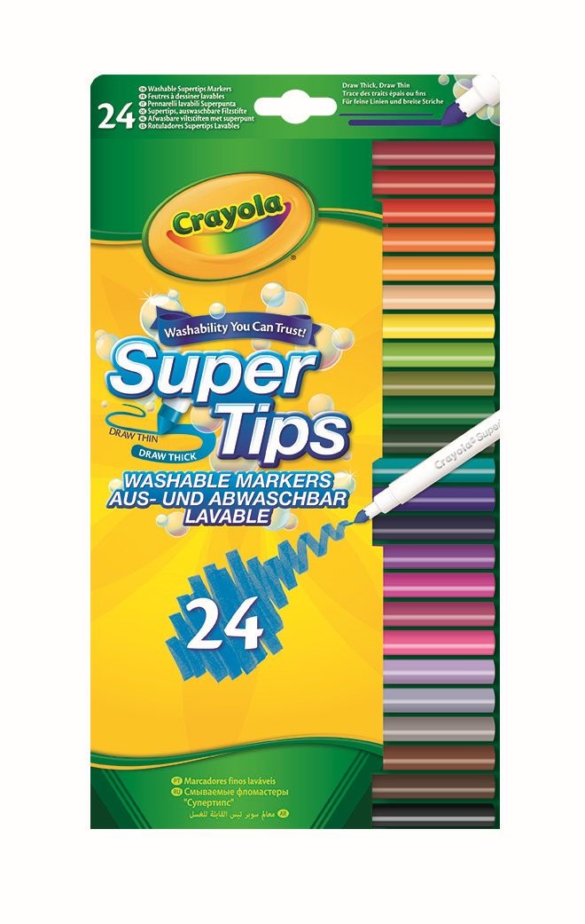 Crayola Super Tips - Pennarelli Lavabili Punta Media, Confezione da 24 Pezzi, Colori Brillanti per Scuola e Tempo Libero