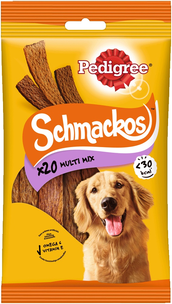 Pedigree Schmackos - Snack per cani, 3 varianti miste, 144 g, 20 pezzi, prelibate strisce da masticare senza aromi artificiali