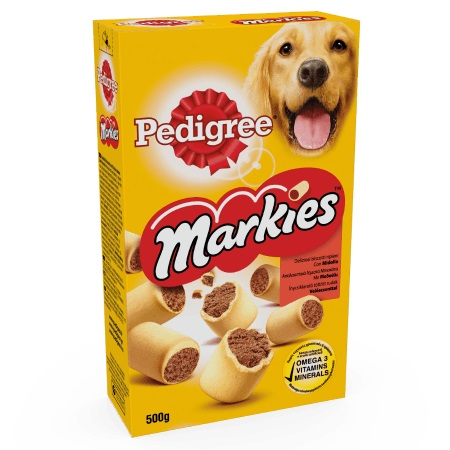 Pedigree Markies Snack per Cani 500 g - Biscotti Croccanti con Ripieno di Carne e Gusto di Osso con Midollo, Ricchi di Calcio, Fosforo, Vitamine e Omega 3