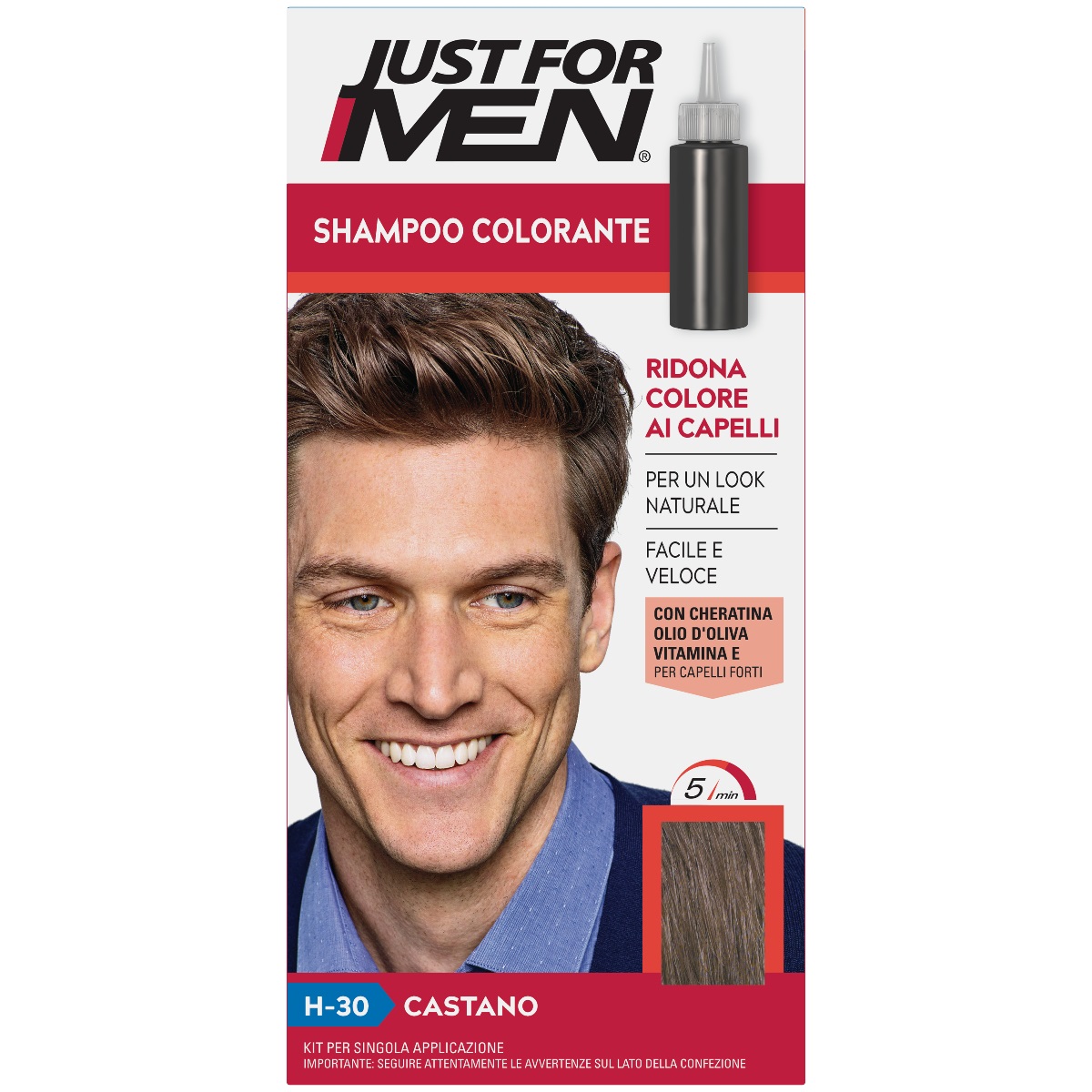 Just For Men Shampoo Colorante Castano H-30 66ml - Formula Gray Target Technology, Azione Rapida in 5 Minuti, Dura Fino a 8 Settimane