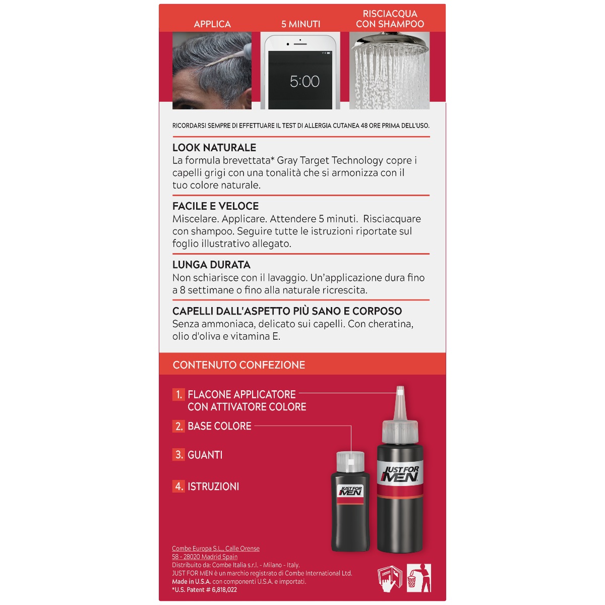 Just For Men Shampoo Colorante Castano H-30 66ml - Formula Gray Target Technology, Azione Rapida in 5 Minuti, Dura Fino a 8 Settimane