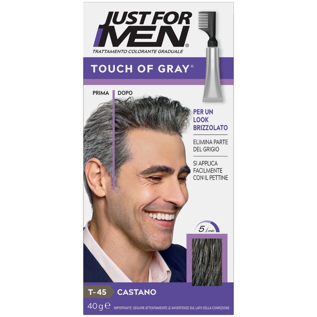 Just For Men Touch of Gray Trattamento Colorante Graduale Castano 40 g - Elimina parte del grigio per un look naturale
