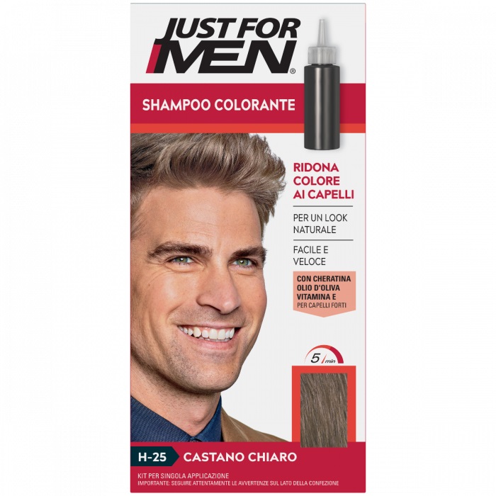 Just For Men Shampoo Colorante Castano Chiaro 30 ml - Copertura Grigia Naturale e Delicata