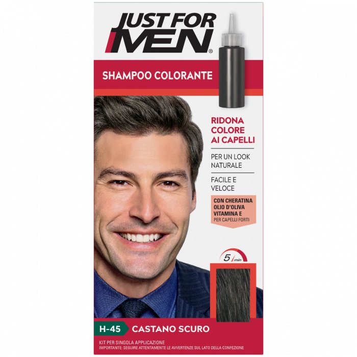 Just For Men Shampoo Colorante Castano Scuro H45 - Copertura Naturale dei Capelli Grigi, Senza Ammoniaca