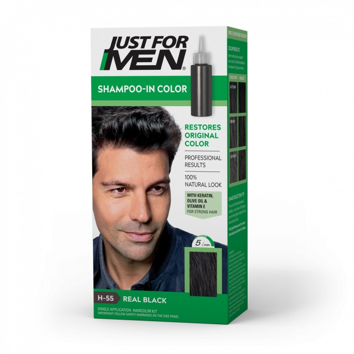 Just For Men Shampoo Colorante H-55 Nero - Copertura Naturale dei Capelli Grigi, Senza Ammoniaca, Formula Gray Target Technology