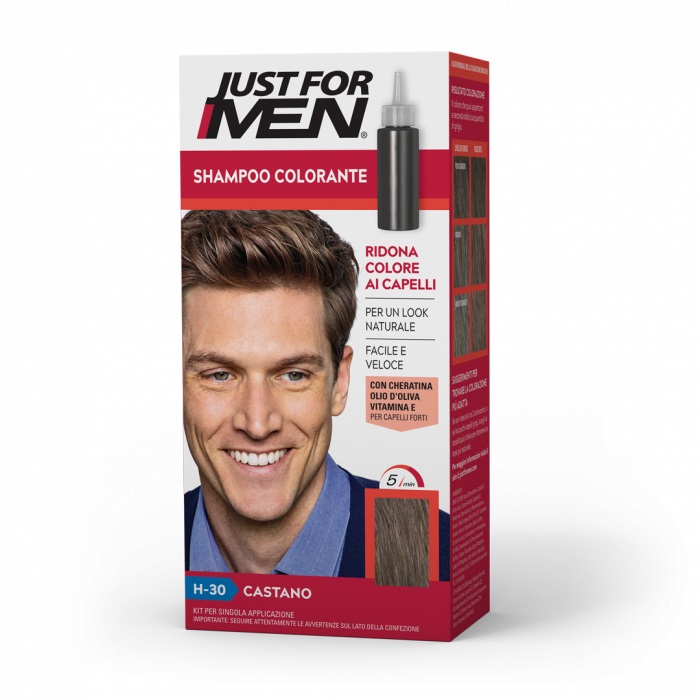 Just For Men Shampoo Colorante H-30 Castano - Tinta Semipermanente Senza Ammoniaca con Cheratina e Vitamina E per Uomini