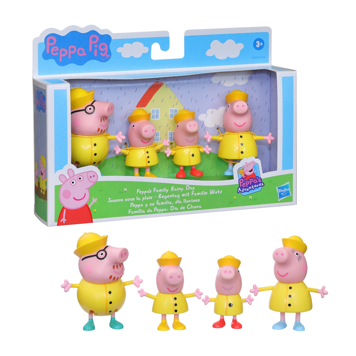 Peppa Pig F21935X0 - Set di 4 action figure della famiglia di Peppa Pig in tema giornata di pioggia, adatto per bambini dai 3 anni