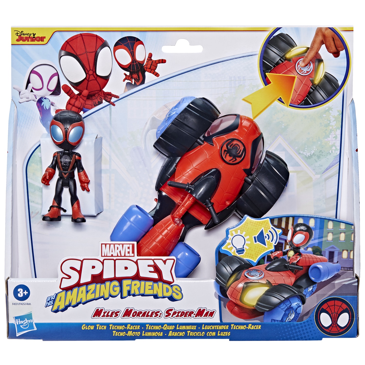 Hasbro Marvel Spidey e i Suoi Fantastici Amici - Veicolo Techno-Racer con Tecnologia Glow Tech, Giocattolo per Età Prescolare con Luci e Suoni, dai 3 Anni in Su