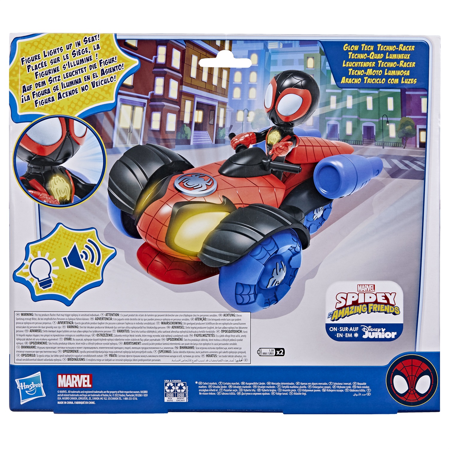 Hasbro Marvel Spidey e i Suoi Fantastici Amici - Veicolo Techno-Racer con Tecnologia Glow Tech, Giocattolo per Età Prescolare con Luci e Suoni, dai 3 Anni in Su
