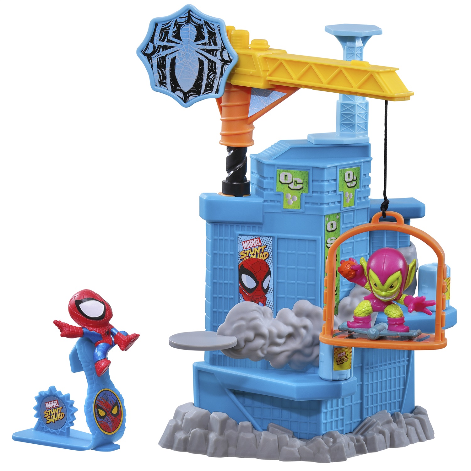 Marvel Hasbro Stunt Squad Crane Smash - Playset con Spider-Man e Green Goblin, Action Figure in Scala da 3,5 cm, Giocattolo per Bambini dai 4 Anni in Su
