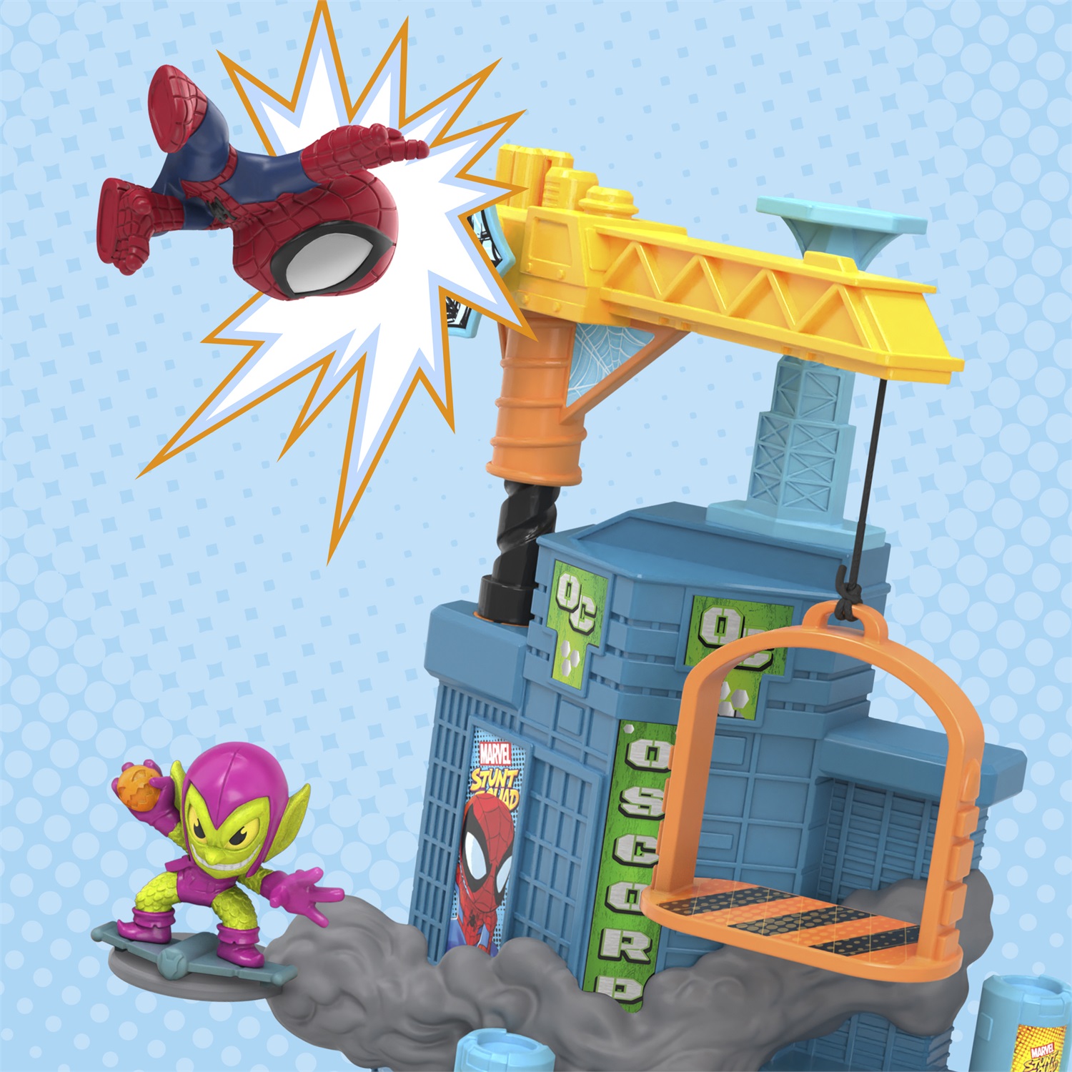 Marvel Hasbro Stunt Squad Crane Smash - Playset con Spider-Man e Green Goblin, Action Figure in Scala da 3,5 cm, Giocattolo per Bambini dai 4 Anni in Su