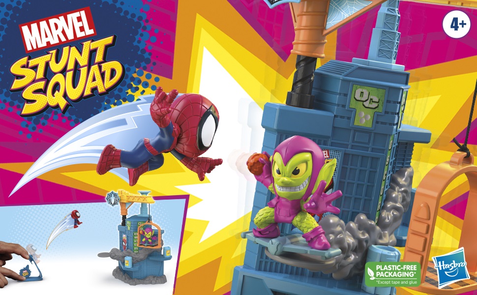Marvel Hasbro Stunt Squad Crane Smash - Playset con Spider-Man e Green Goblin, Action Figure in Scala da 3,5 cm, Giocattolo per Bambini dai 4 Anni in Su