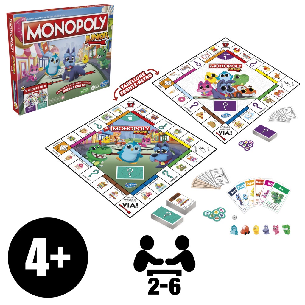 Hasbro Gaming Monopoly Junior - Gioco da Tavolo 2 Giochi in 1 con Tabellone Fronte-Retro per 2-6 Giocatori, per Bambini dai 4 Anni in Su