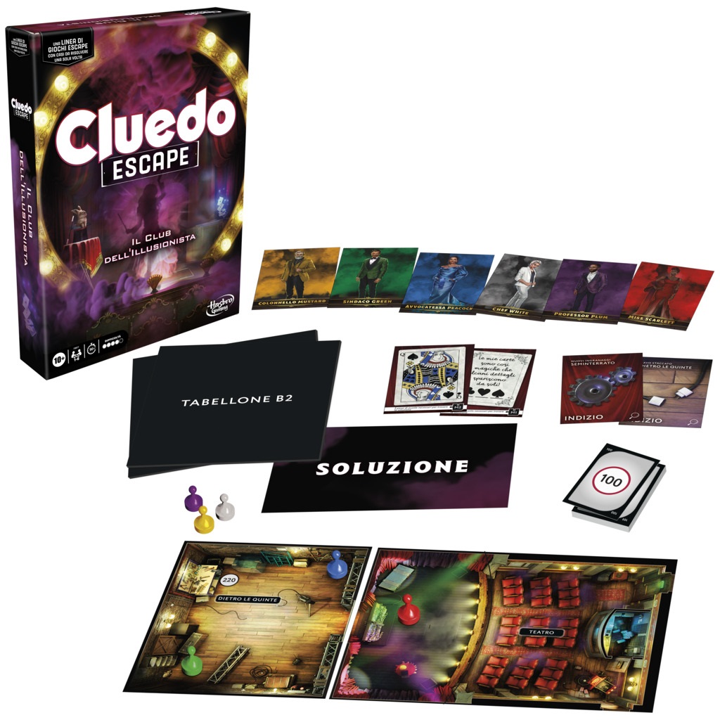 Hasbro Gaming Cluedo Escape - Club dell'Illusionista, Gioco da Tavolo in Versione Escape Room per 1-6 Giocatori dai 10 Anni in Su