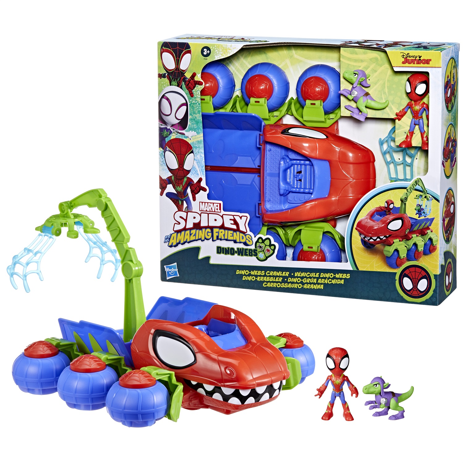 Hasbro Marvel Spidey e i Suoi Fantastici Amici - Veicolo Dino-Webs con Action Figure di Spidey da 10 cm e Goblin Raptor da 6 cm, Playset con Gru Mobile e Artiglio per Catturare Dinosauri, 3