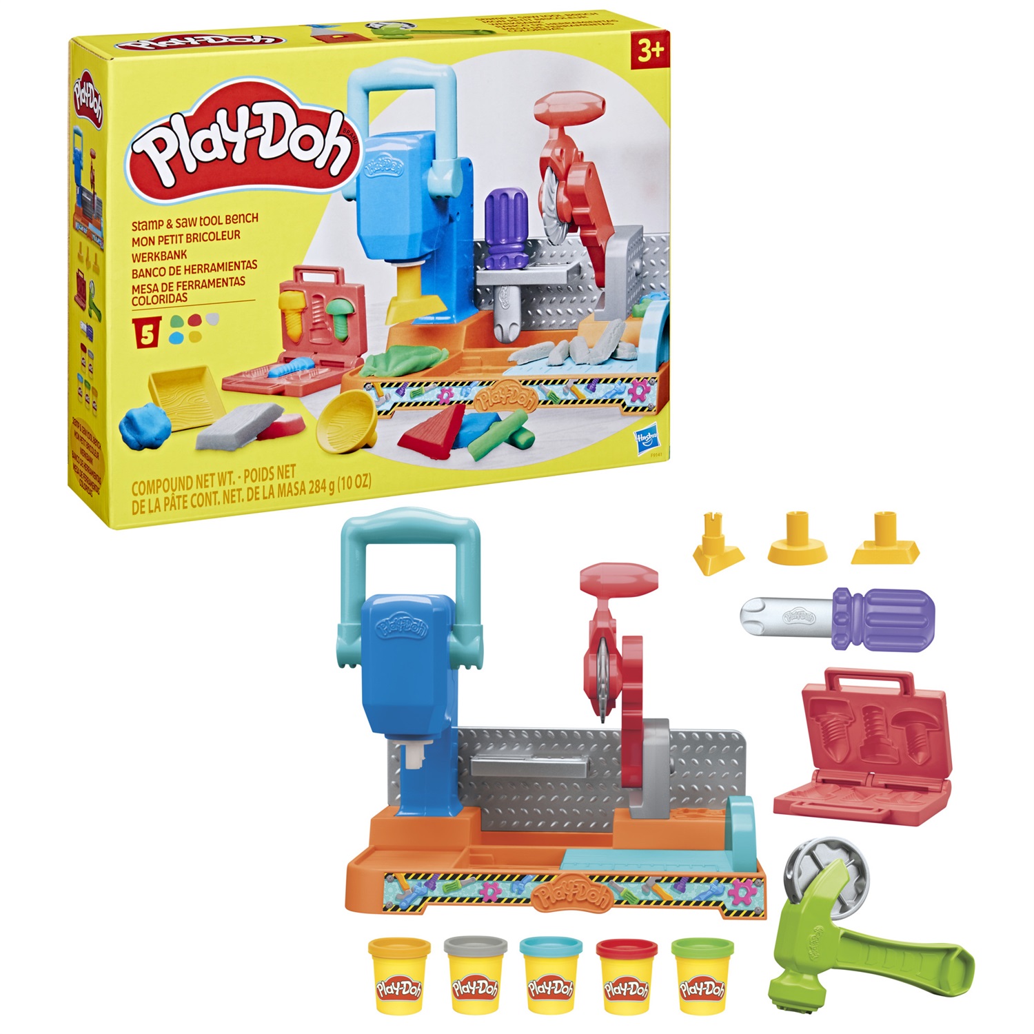 Hasbro Play-Doh Banco degli Attrezzi con Formine e Segheria - Set Creativo con 5 Vasetti di Pasta Modellabile e Accessori per Bambini dai 3 Anni