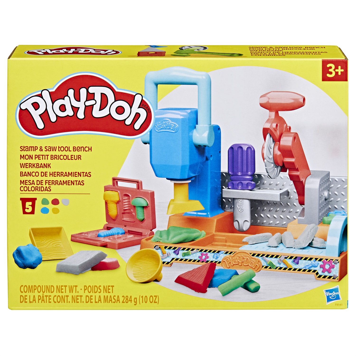 Hasbro Play-Doh Banco degli Attrezzi con Formine e Segheria - Set Creativo con 5 Vasetti di Pasta Modellabile e Accessori per Bambini dai 3 Anni