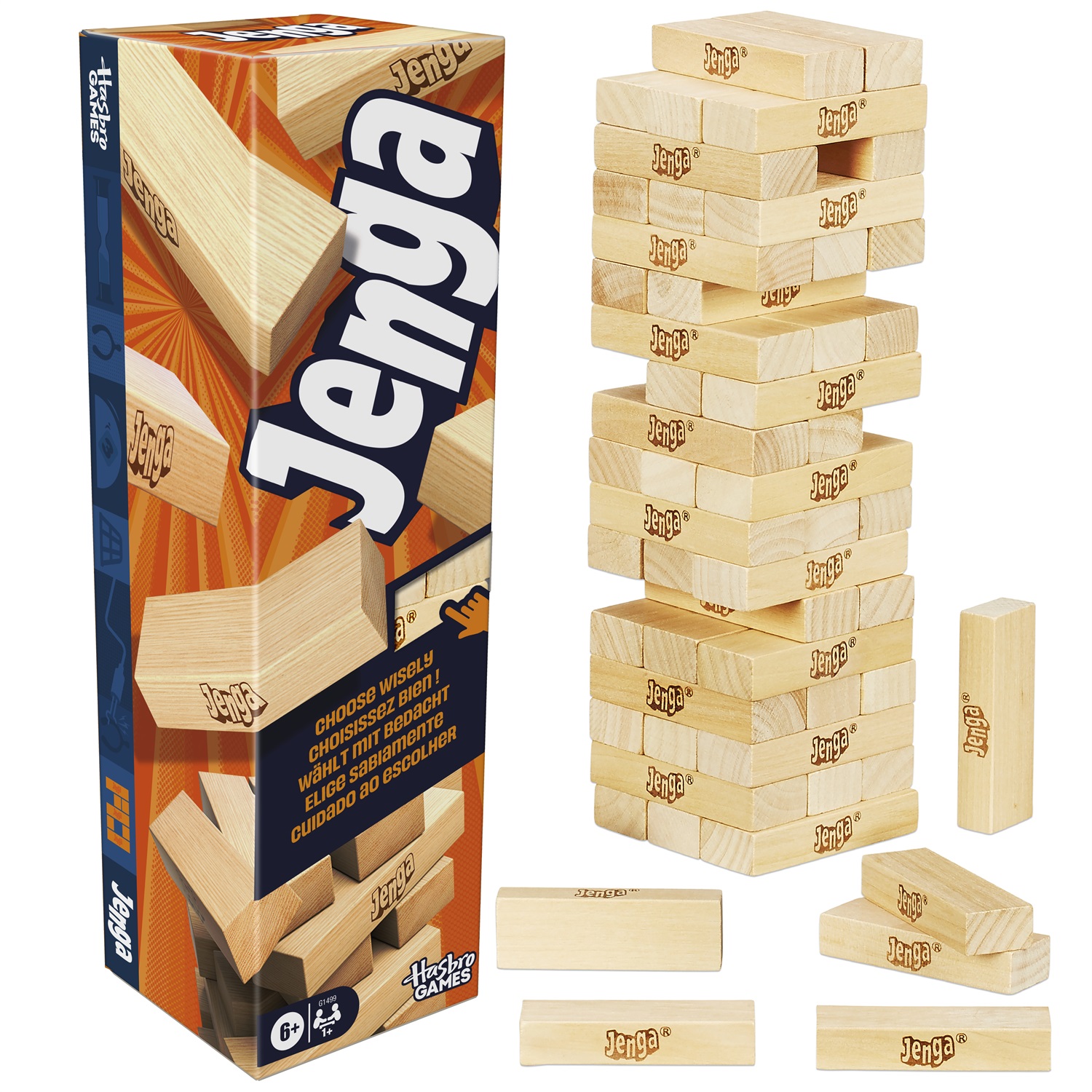 Hasbro Gaming Jenga con Dado Digitale - Gioco di Impilamento per Famiglia e Amici, 54 Mattoncini in Legno, per 1 o Più Giocatori, dai 6 Anni in Su