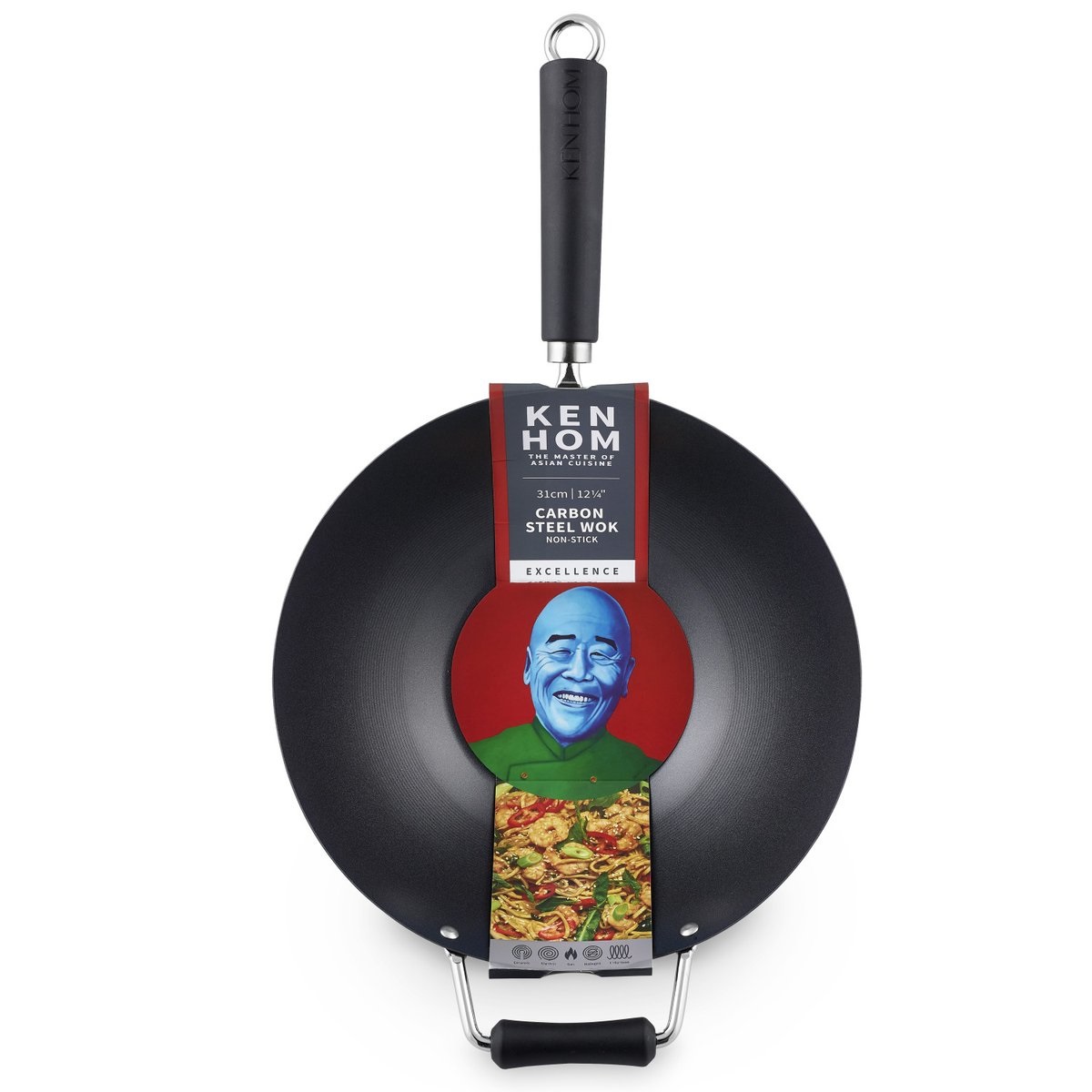 Ken Hom Excellence Wok Antiaderente 31 cm in Acciaio al Carbonio - Padella Compatibile con Induzione e Utensili in Metallo, Lavabile in Lavastoviglie, 5 Anni di Garanzia