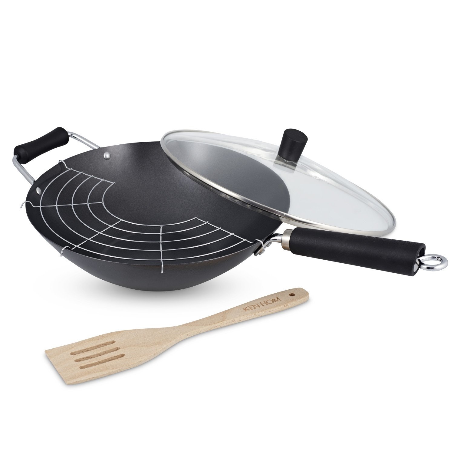 Ken Hom Excellence Wok Antiaderente 31 cm in Acciaio al Carbonio - Set di 4 Pezzi, Compatibile con Induzione e Utensili in Metallo, Lavabile in Lavastoviglie, 5 Anni di Garanzia