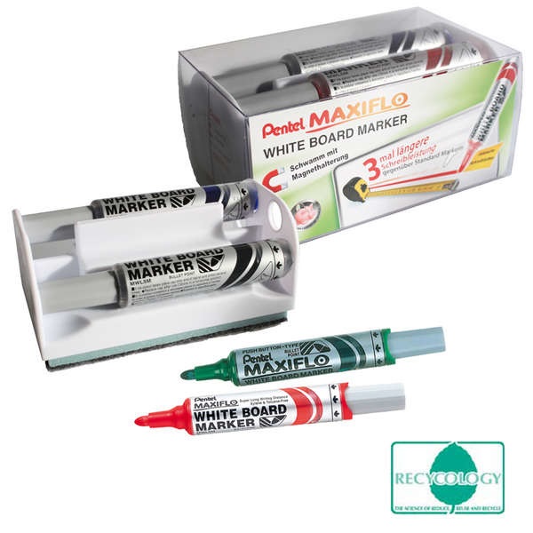 Pentel Marcatori Maxiflo MWL5M - Set 4 Marcatori 6mm Assortiti con Cancellino Magnetico