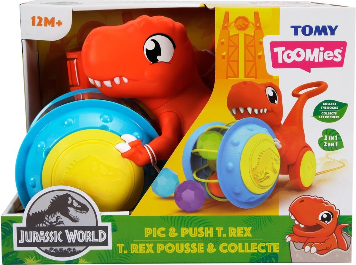 Toomies E73254 Pic & Push T-Rex - Giocattolo Educativo Push & Go per Bambini 12 mesi, Dinosauro Colorato con 5 Palline, Jurassic World