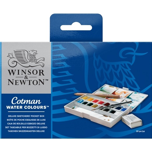 Winsor & Newton Cotman Sketchers Deluxe - Set di Acquerelli con 16 Mezzi Godet, Gomma, Matita e Tavolozza Amovibile