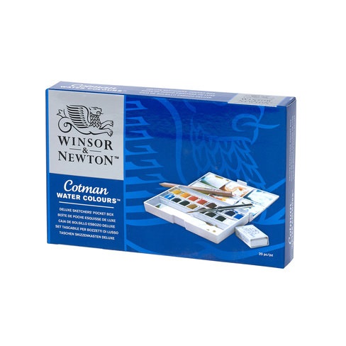 Winsor & Newton Cotman Sketchers Deluxe - Set di Acquerelli con 16 Mezzi Godet, Gomma, Matita e Tavolozza Amovibile