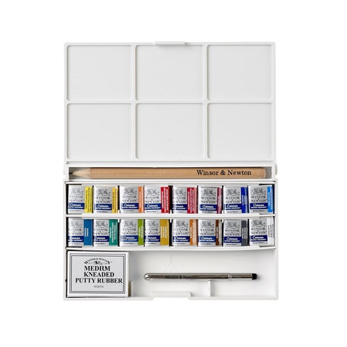 Winsor & Newton Cotman Sketchers Deluxe - Set di Acquerelli con 16 Mezzi Godet, Gomma, Matita e Tavolozza Amovibile
