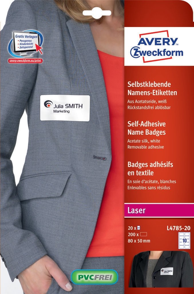 Avery L4785-20 Badge adesivi in seta acetata 80 x 50 mm - Bianco, 200 pz, Rimovibili, per Stampanti Laser